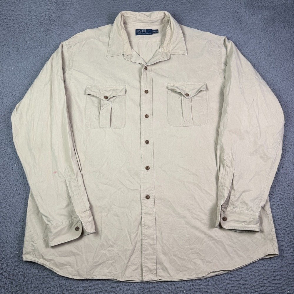 Polo Ralph Lauren Shirt Mens 2XL Beige Silk Blend Utility Pockets Long Sleeve
